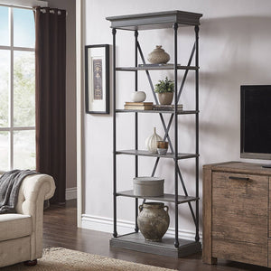 Deidrian 33 Inch Industrial Metal Frame Open Bookcase with Five Oak Veneer Shelves