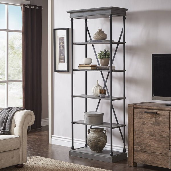 Deidrian 33 Inch Industrial Metal Frame Open Bookcase with Five Oak Veneer Shelves