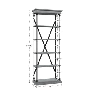 Deidrian 33 Inch Industrial Metal Frame Open Bookcase with Five Oak Veneer Shelves