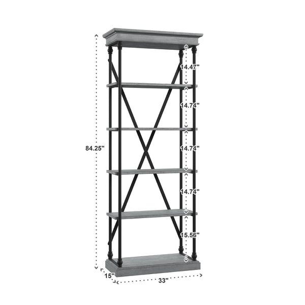 Deidrian 33 Inch Industrial Metal Frame Open Bookcase with Five Oak Veneer Shelves
