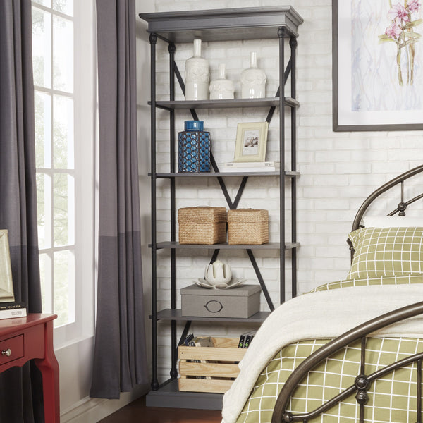 Deidrian 33 Inch Industrial Metal Frame Open Bookcase with Five Oak Veneer Shelves