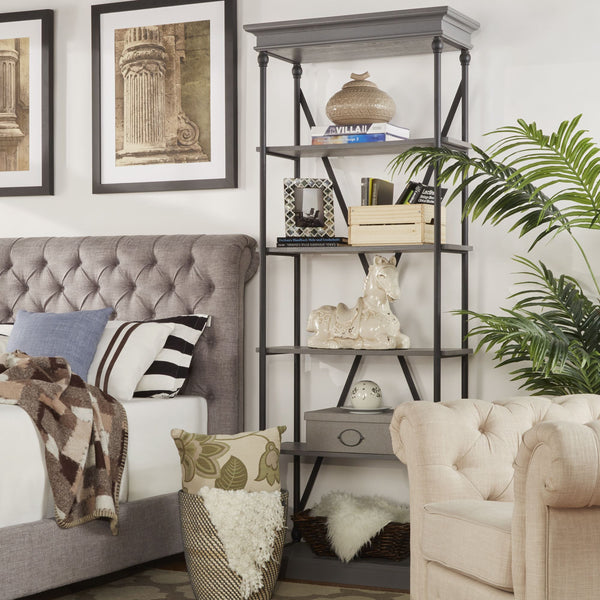 Deidrian 33 Inch Industrial Metal Frame Open Bookcase with Five Oak Veneer Shelves