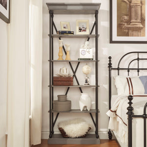 Deidrian 33 Inch Industrial Metal Frame Open Bookcase with Five Oak Veneer Shelves