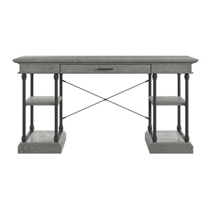 Deidrian Oak Veneer Writing Desk with Metal Frame Shelves and Keyboard Drawer