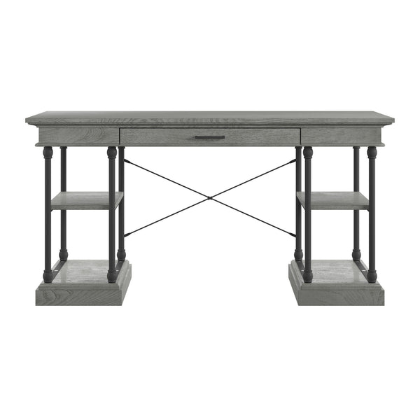 Deidrian Oak Veneer Writing Desk with Metal Frame Shelves and Keyboard Drawer