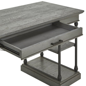 Deidrian Oak Veneer Writing Desk with Metal Frame Shelves and Keyboard Drawer