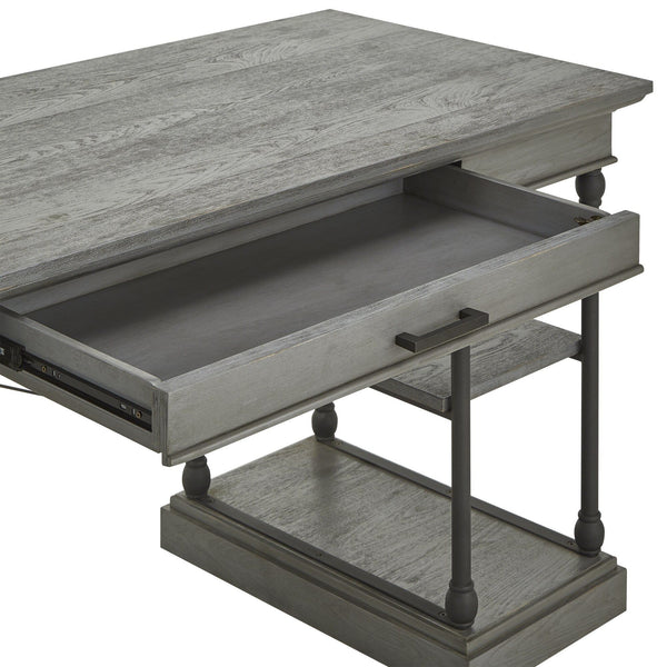 Deidrian Oak Veneer Writing Desk with Metal Frame Shelves and Keyboard Drawer