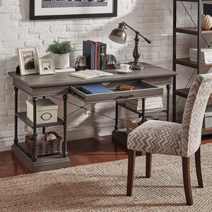 Deidrian Oak Veneer Writing Desk with Metal Frame Shelves and Keyboard Drawer