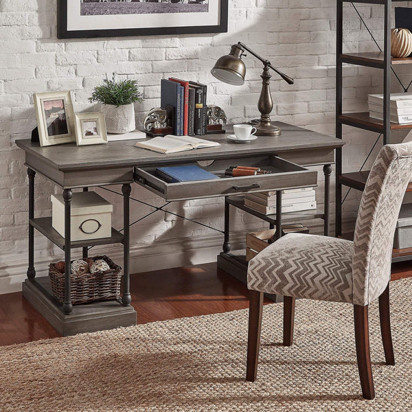 Deidrian Oak Veneer Writing Desk with Metal Frame Shelves and Keyboard Drawer