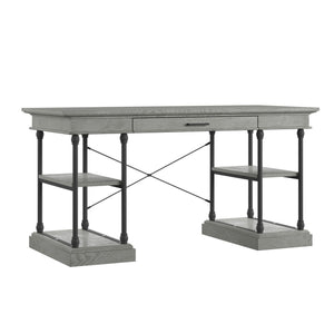 Deidrian Oak Veneer Writing Desk with Metal Frame Shelves and Keyboard Drawer