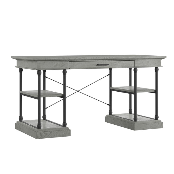 Deidrian Oak Veneer Writing Desk with Metal Frame Shelves and Keyboard Drawer