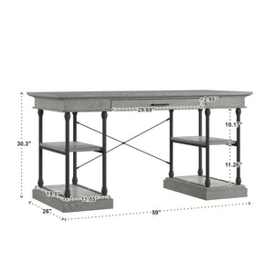 Deidrian Oak Veneer Writing Desk with Metal Frame Shelves and Keyboard Drawer