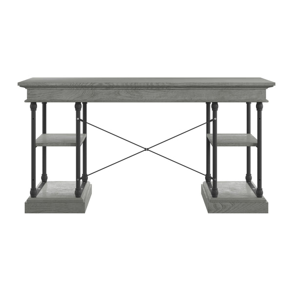 Deidrian Oak Veneer Writing Desk with Metal Frame Shelves and Keyboard Drawer