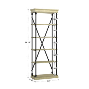 Deidrian 33 Inch Industrial Metal Frame Open Bookcase with Five Oak Veneer Shelves