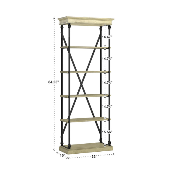 Deidrian 33 Inch Industrial Metal Frame Open Bookcase with Five Oak Veneer Shelves