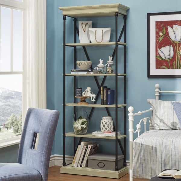 Deidrian 33 Inch Industrial Metal Frame Open Bookcase with Five Oak Veneer Shelves