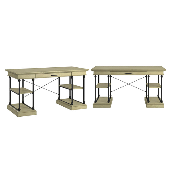 Deidrian Oak Veneer Writing Desk with Metal Frame Shelves and Keyboard Drawer