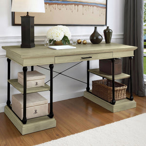 Deidrian Oak Veneer Writing Desk with Metal Frame Shelves and Keyboard Drawer