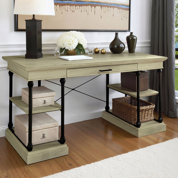 Deidrian Oak Veneer Writing Desk with Metal Frame Shelves and Keyboard Drawer