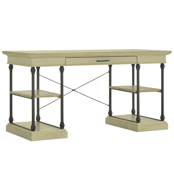 Deidrian Oak Veneer Writing Desk with Metal Frame Shelves and Keyboard Drawer