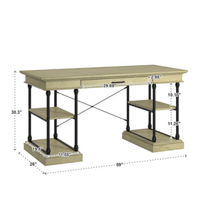 Deidrian Oak Veneer Writing Desk with Metal Frame Shelves and Keyboard Drawer