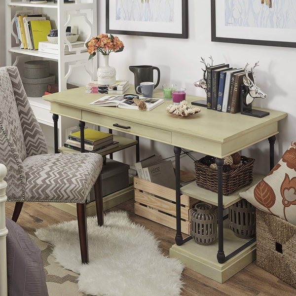 Deidrian Oak Veneer Writing Desk with Metal Frame Shelves and Keyboard Drawer
