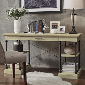 Deidrian Oak Veneer Writing Desk with Metal Frame Shelves and Keyboard Drawer