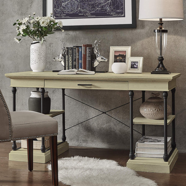 Deidrian Oak Veneer Writing Desk with Metal Frame Shelves and Keyboard Drawer