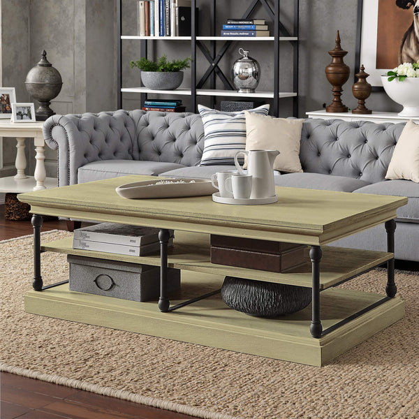 Deidrian Rectangular Coffee Table with Open Shelf and Matte Metal Frame for Living Room