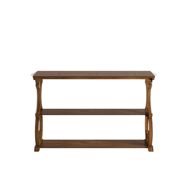 Sabrina Wood Sofa Table with Scroll Legs and Two Open Tiered Storage Shelves
