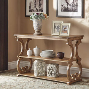 Sabrina Wood Sofa Table with Scroll Legs and Two Open Tiered Storage Shelves