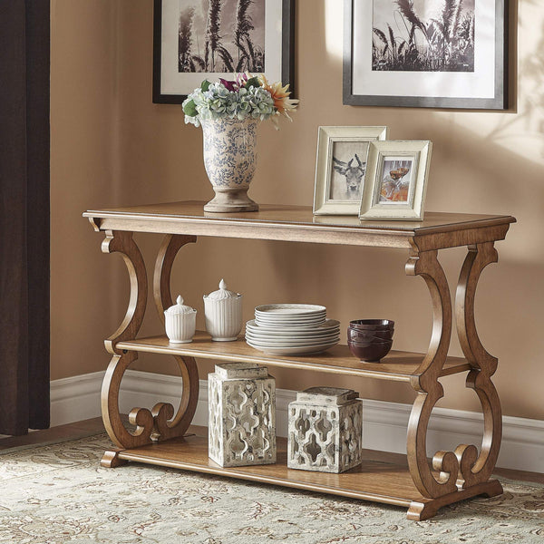 Sabrina Wood Sofa Table with Scroll Legs and Two Open Tiered Storage Shelves