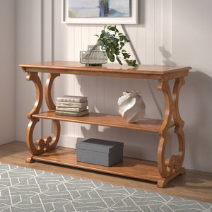 Sabrina Wood Sofa Table with Scroll Legs and Two Open Tiered Storage Shelves
