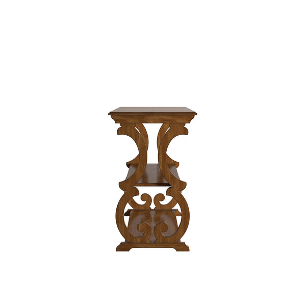 Sabrina Wood Sofa Table with Scroll Legs and Two Open Tiered Storage Shelves
