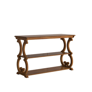Sabrina Wood Sofa Table with Scroll Legs and Two Open Tiered Storage Shelves