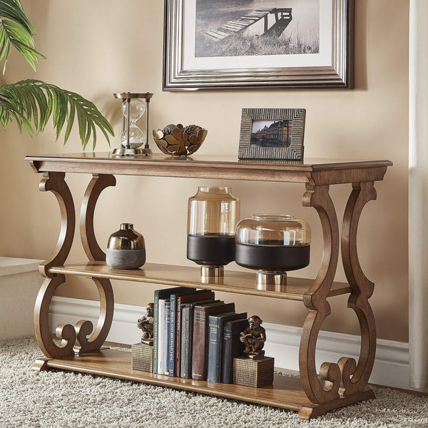 Sabrina Wood Sofa Table with Scroll Legs and Two Open Tiered Storage Shelves