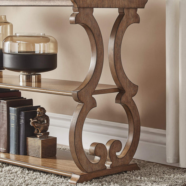 Sabrina Wood Sofa Table with Scroll Legs and Two Open Tiered Storage Shelves