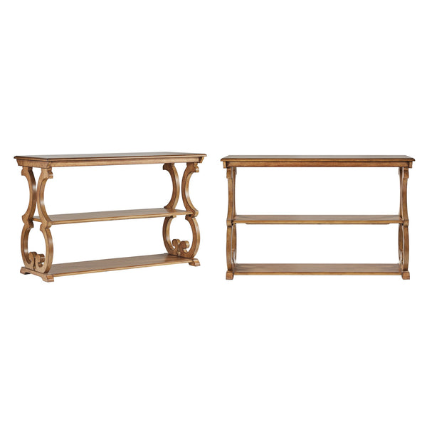 Sabrina Wood Sofa Table with Scroll Legs and Two Open Tiered Storage Shelves