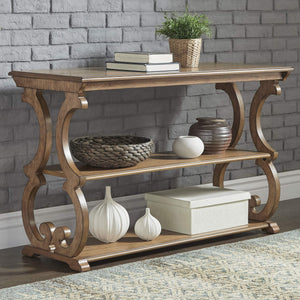 Sabrina Wood Sofa Table with Scroll Legs and Two Open Tiered Storage Shelves