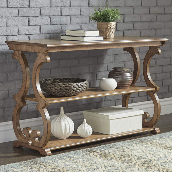 Sabrina Wood Sofa Table with Scroll Legs and Two Open Tiered Storage Shelves