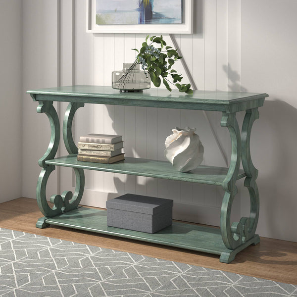Sabrina Wood Sofa Table with Scroll Legs and Two Open Tiered Storage Shelves
