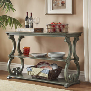 Sabrina Wood Sofa Table with Scroll Legs and Two Open Tiered Storage Shelves