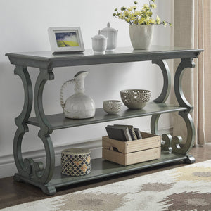 Sabrina Wood Sofa Table with Scroll Legs and Two Open Tiered Storage Shelves