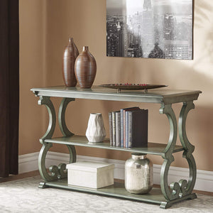 Sabrina Wood Sofa Table with Scroll Legs and Two Open Tiered Storage Shelves