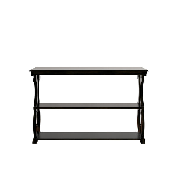 Sabrina Wood Sofa Table with Scroll Legs and Two Open Tiered Storage Shelves