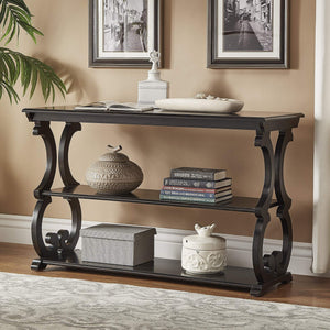 Sabrina Wood Sofa Table with Scroll Legs and Two Open Tiered Storage Shelves