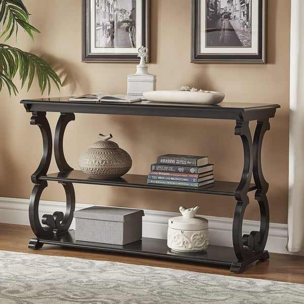Sabrina Wood Sofa Table with Scroll Legs and Two Open Tiered Storage Shelves