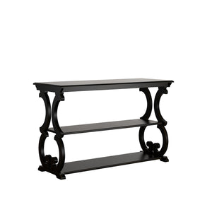 Sabrina Wood Sofa Table with Scroll Legs and Two Open Tiered Storage Shelves