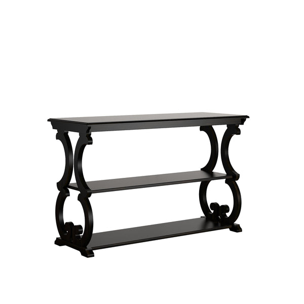 Sabrina Wood Sofa Table with Scroll Legs and Two Open Tiered Storage Shelves