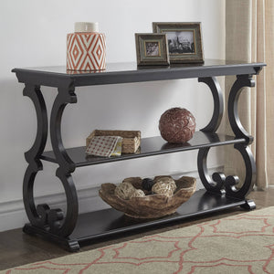 Sabrina Wood Sofa Table with Scroll Legs and Two Open Tiered Storage Shelves